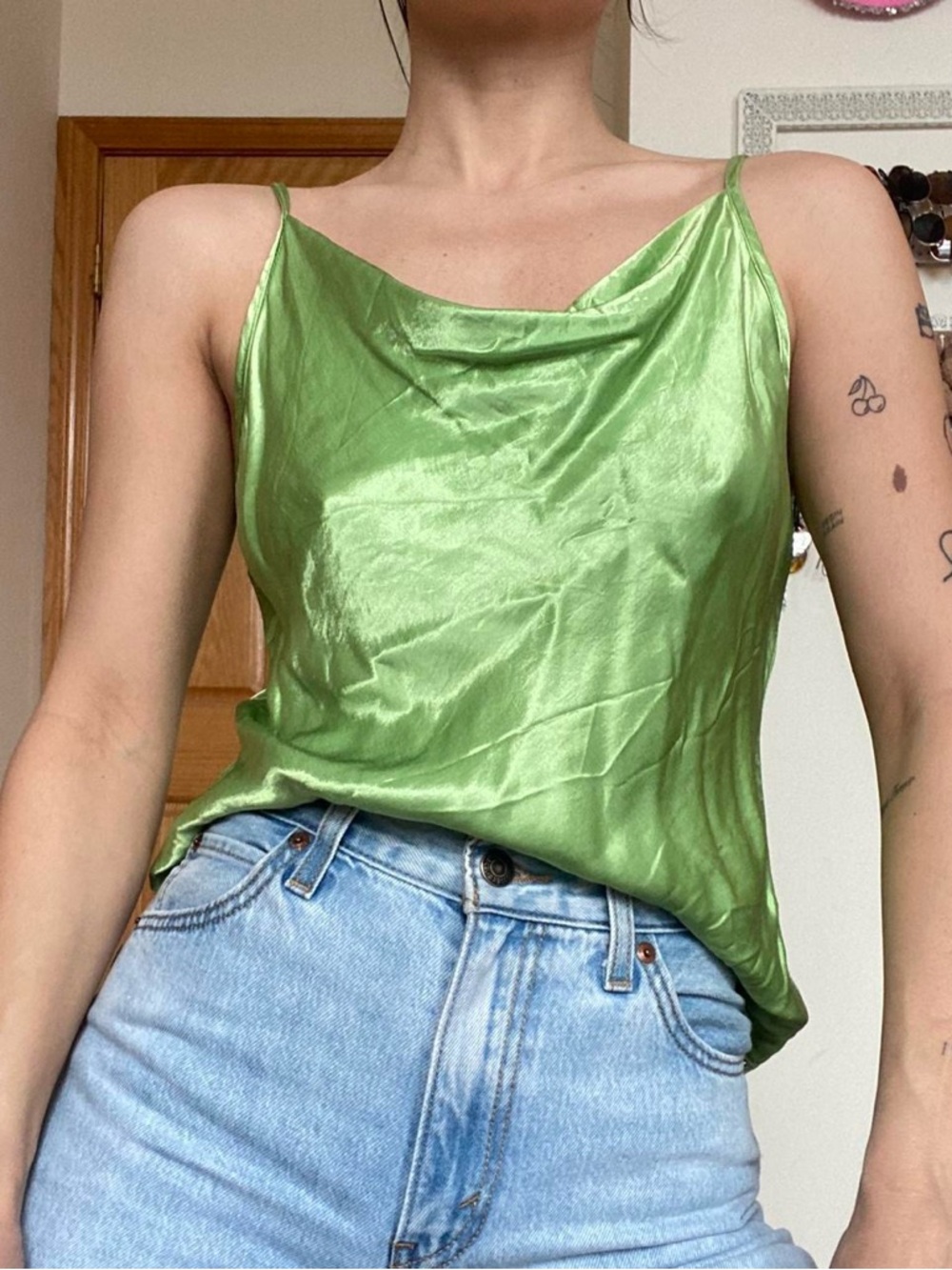 Vintage Green Satin Cowl Neck Camisole Tank Top